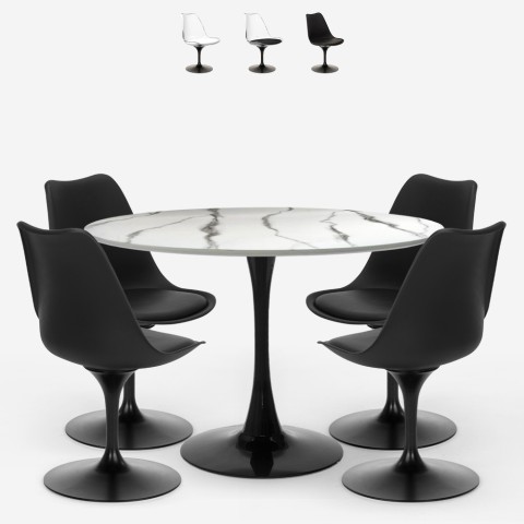 Juego de 4 sillas Tulipán en blanco o negro con 1 mesa redonda de 120 cm efecto mármol Lapis+ Promoción
