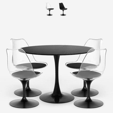 Juego de mesa redonda de 120 cm negro y 4 sillas estilo Tulipán transparente Almat+ Promoción