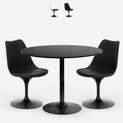 Juego de mesa de comedor negro Tulipán redonda de 80 cm con 2 sillas transparentes Haki Promoción