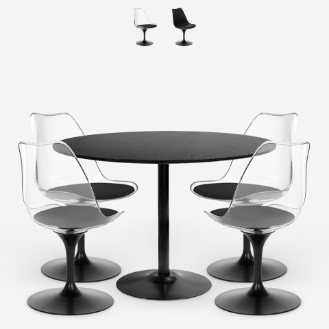 Juego de 4 sillas de policarbonato negro y mesa de cocina redonda Tulipán de 120 cm Haki+ Promoción