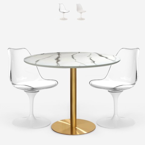 Juego de mesa redonda de 80 cm Tulipán efecto mármol con 2 sillas blanco transparente Vixan Promoción