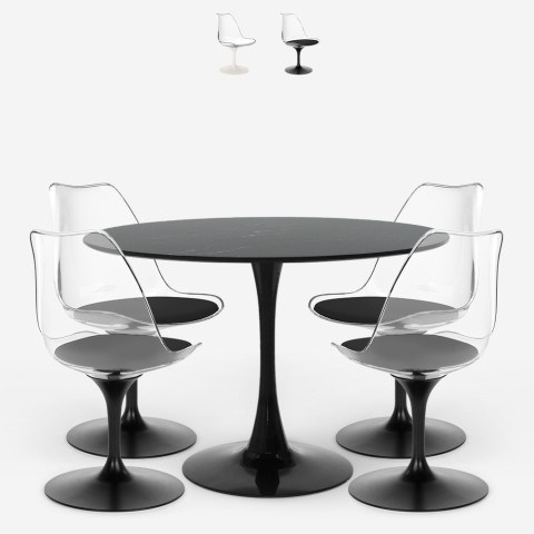 Juego de 4 sillas Tulipán y 1 mesa redonda de 120 cm en blanco o negro efecto mármol Liwat+ Promoción