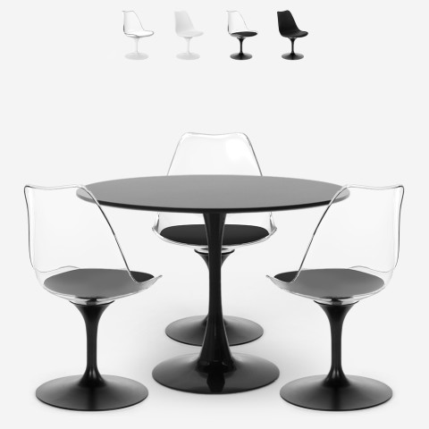 Juego de mesa Tulipán redonda de 90 cm blanco o negro y 3 sillas transparentes Wasen Promoción