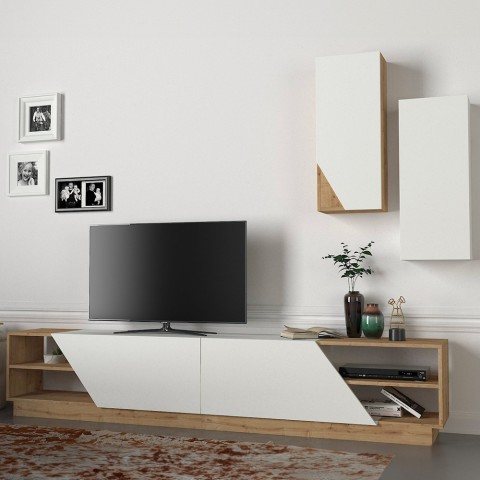 Mueble modular de pared para TV con 2 puertas y 2 estantes colgantes de madera blanca River Promoción