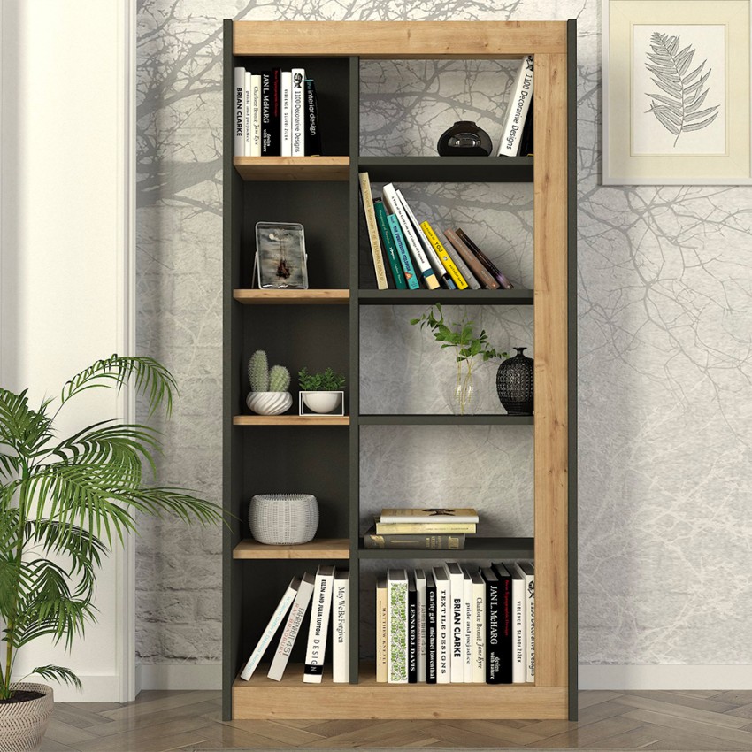 Librería moderna con 10 estantes de madera negro antracita 75x25x150 cm Kevork Promoción