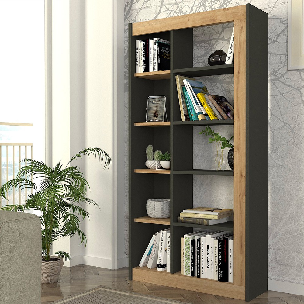 Librería moderna con 10 estantes de madera negro antracita 75x25x150 cm Kevork
