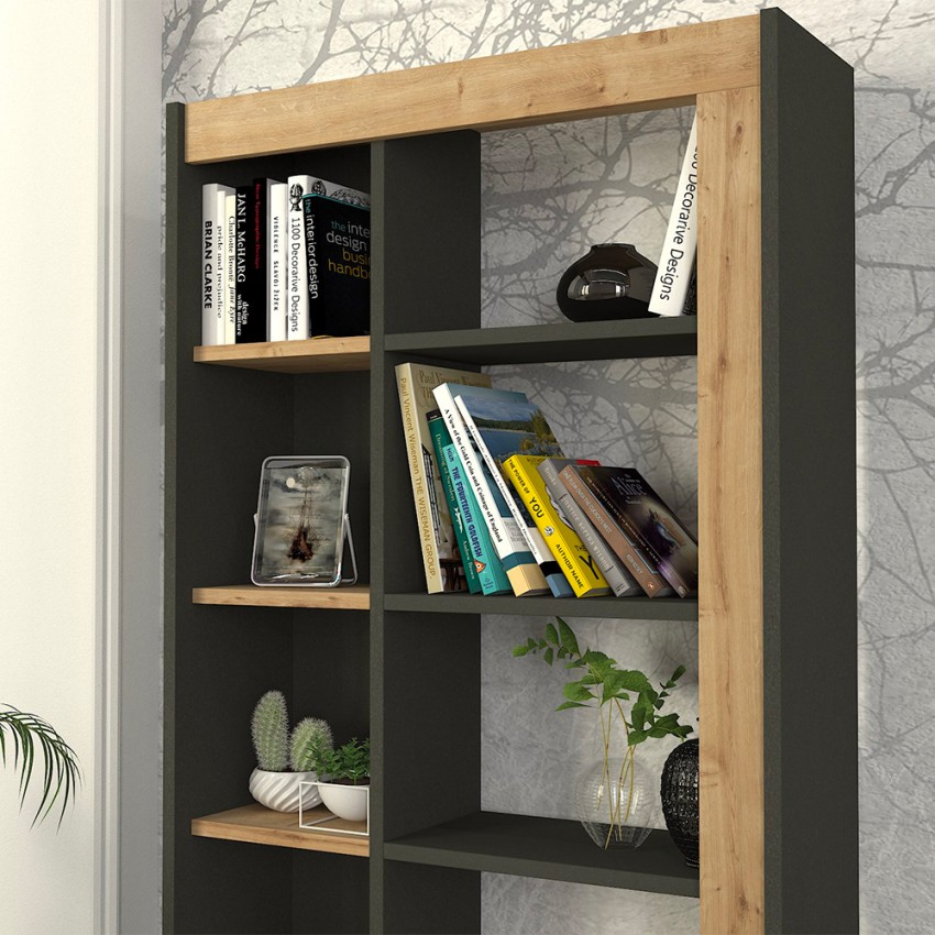 Librería moderna con 10 estantes de madera negro antracita 75x25x150 cm Kevork Promoción 