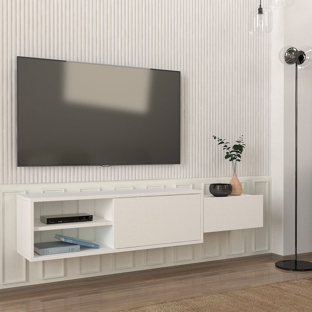 Mueble de salón para TV suspendido blanco con 2 puertas 160x30x33 cm Dione