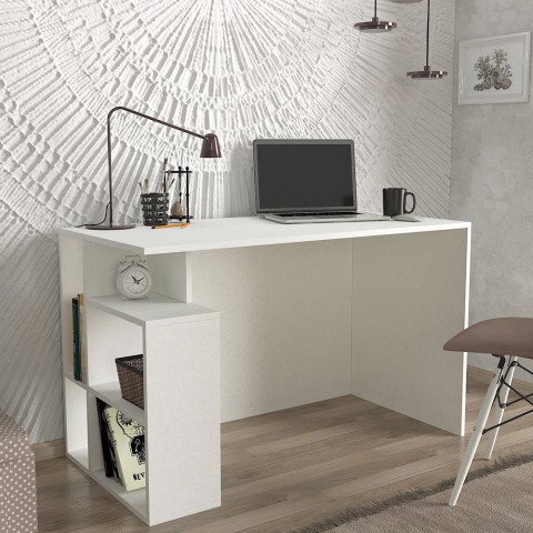 Mesa de escritorio oficina moderna blanca con estantes 120x60x74 cm Labran Promoción