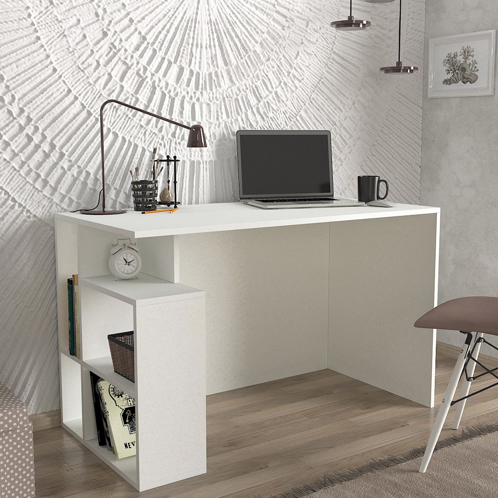 Mesa de escritorio oficina moderna blanca con estantes 120x60x74 cm Labran