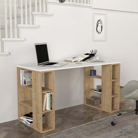 Escritorio de estudio y despacho blanco de madera con 6 estantes 140x60x75 cm Leonardo Promoción