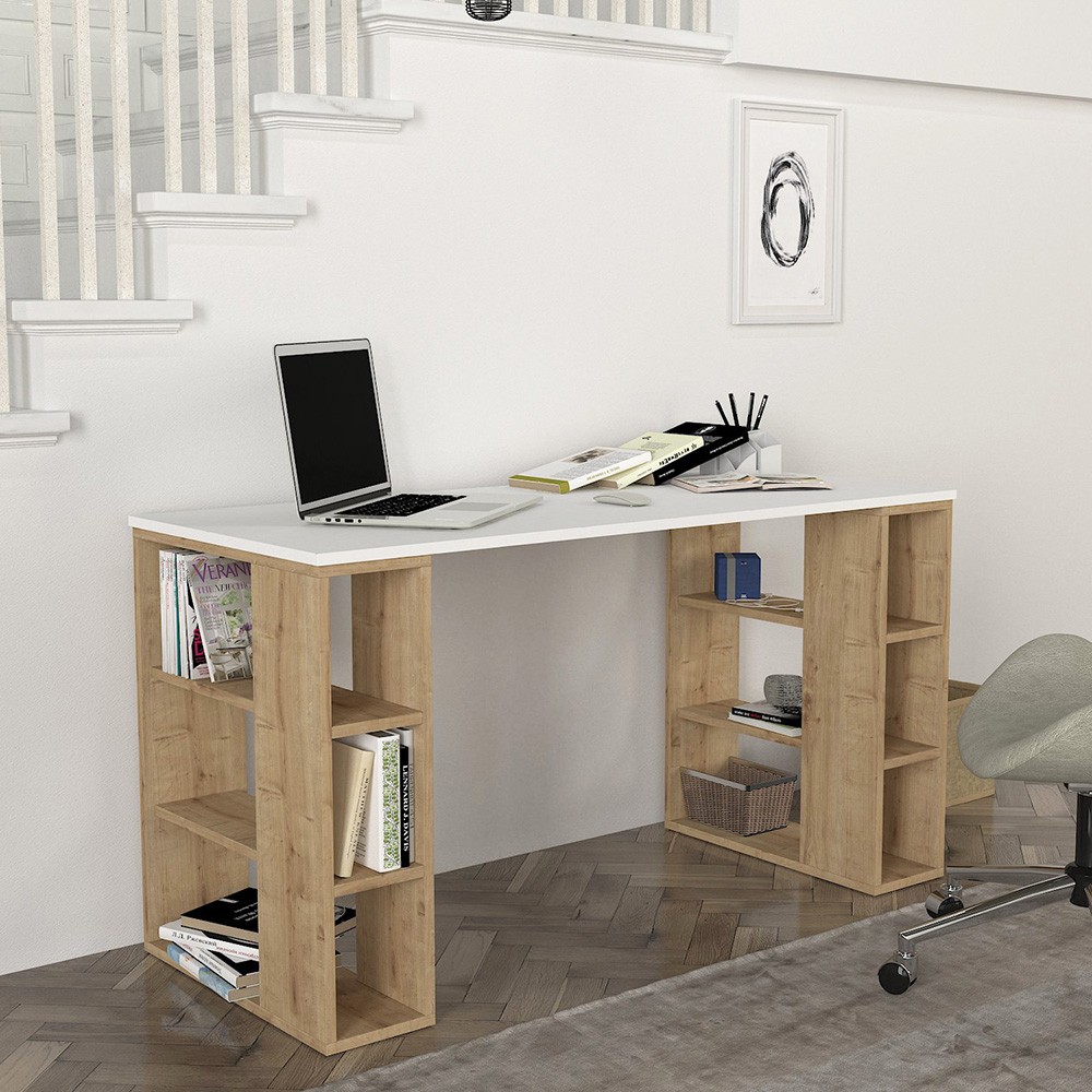 Escritorio de estudio y despacho blanco de madera con 6 estantes 140x60x75 cm Leonardo