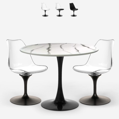 Juego de mesa redonda de 80 cm Tulipán efecto mármol con 2 sillas blanco negro Lapis Promoción