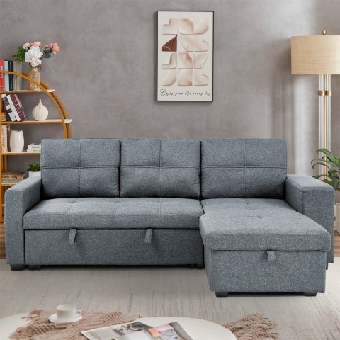Sofá cama de 3 plazas gris con chaise longue, arcón, USB-C estantería Civis Promoción