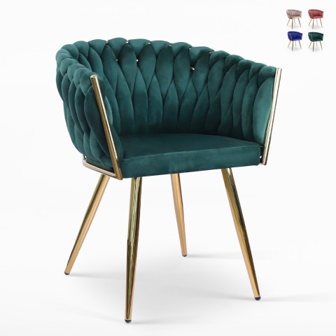 Butaca de diseño en terciopelo, silla con reposabrazos y patas doradas Versailles Promoción