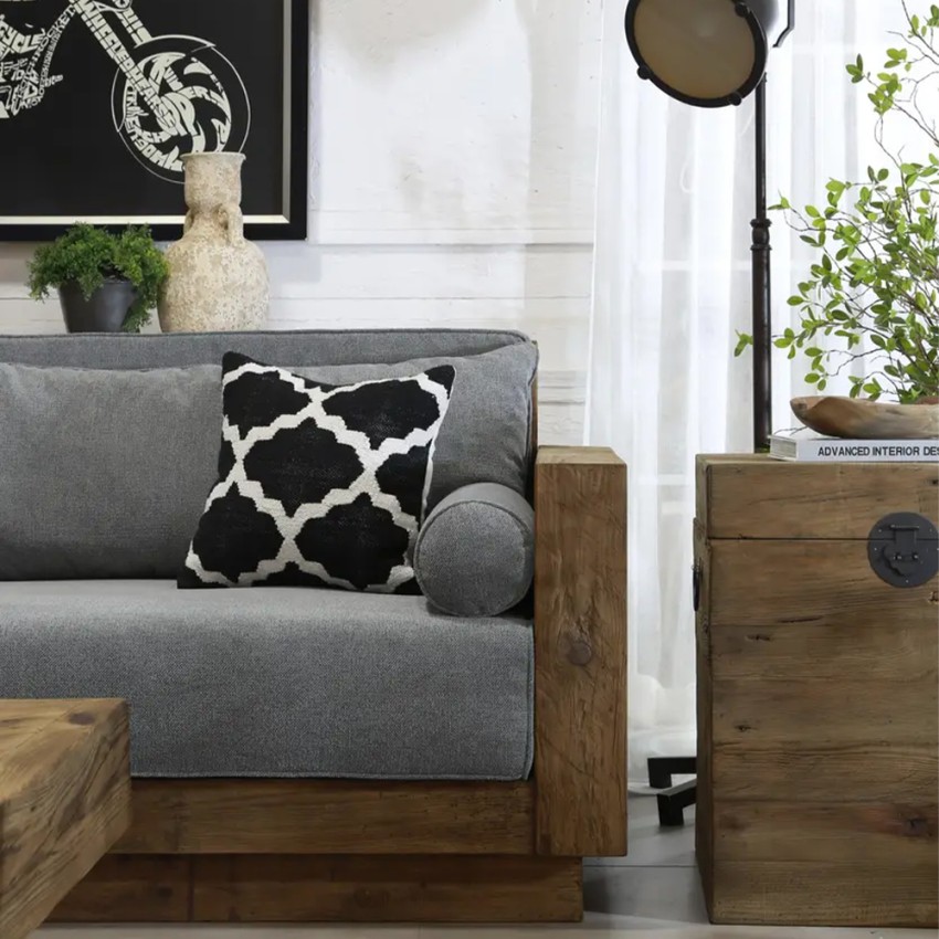 Sofá de 3 plazas de madera rústico de 225x81x81 cm con cojines de tela gris Morgan Promoción 