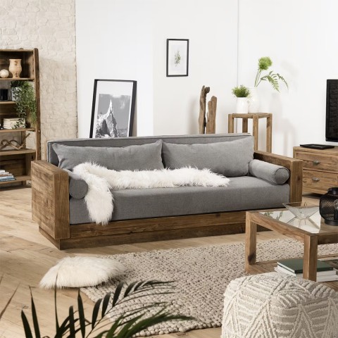 Sofá de 3 plazas de madera rústico de 225x81x81 cm con cojines de tela gris Morgan Promoción