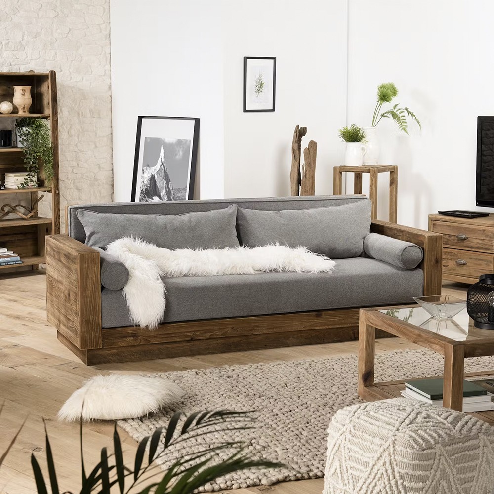 Sofá de 3 plazas de madera rústico de 225x81x81 cm con cojines de tela gris Morgan