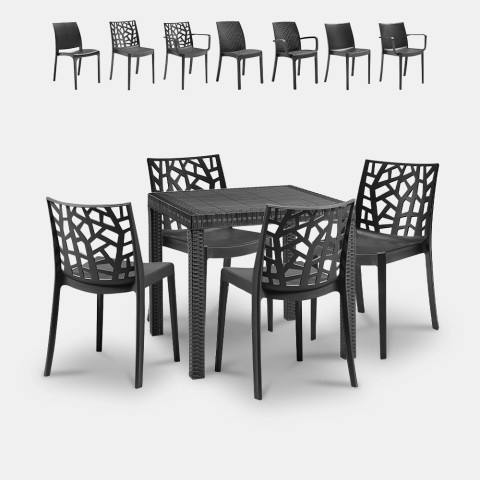 Juego de jardín mesa cuadrada de 80x80 cm efecto ratán y 4 sillas color negro Nisida Dark Promoción