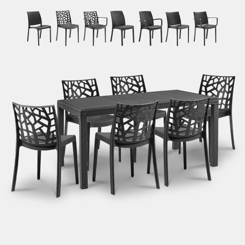 Juego de jardín con 1 mesa efecto ratán de 150x90 cm y 6 sillas de exterior color negro Meloria Dark Descueto Juego de jardín con 1 mesa efecto ratán de 150x90 cm y 6 sillas de exterior color negro Meloria Dark Descueto