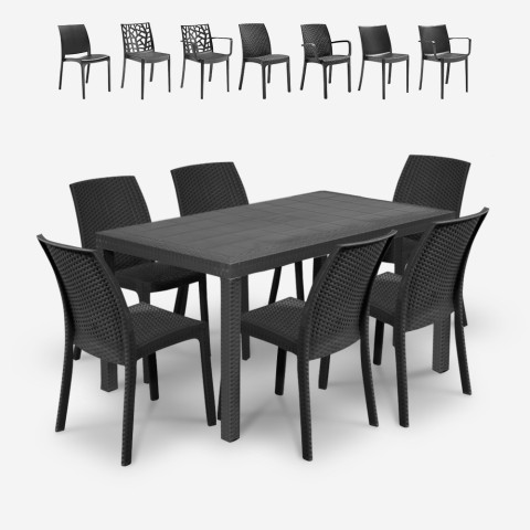 Juego de jardín con 1 mesa efecto ratán de 150x90 cm y 6 sillas de exterior color negro Meloria Dark Promoción