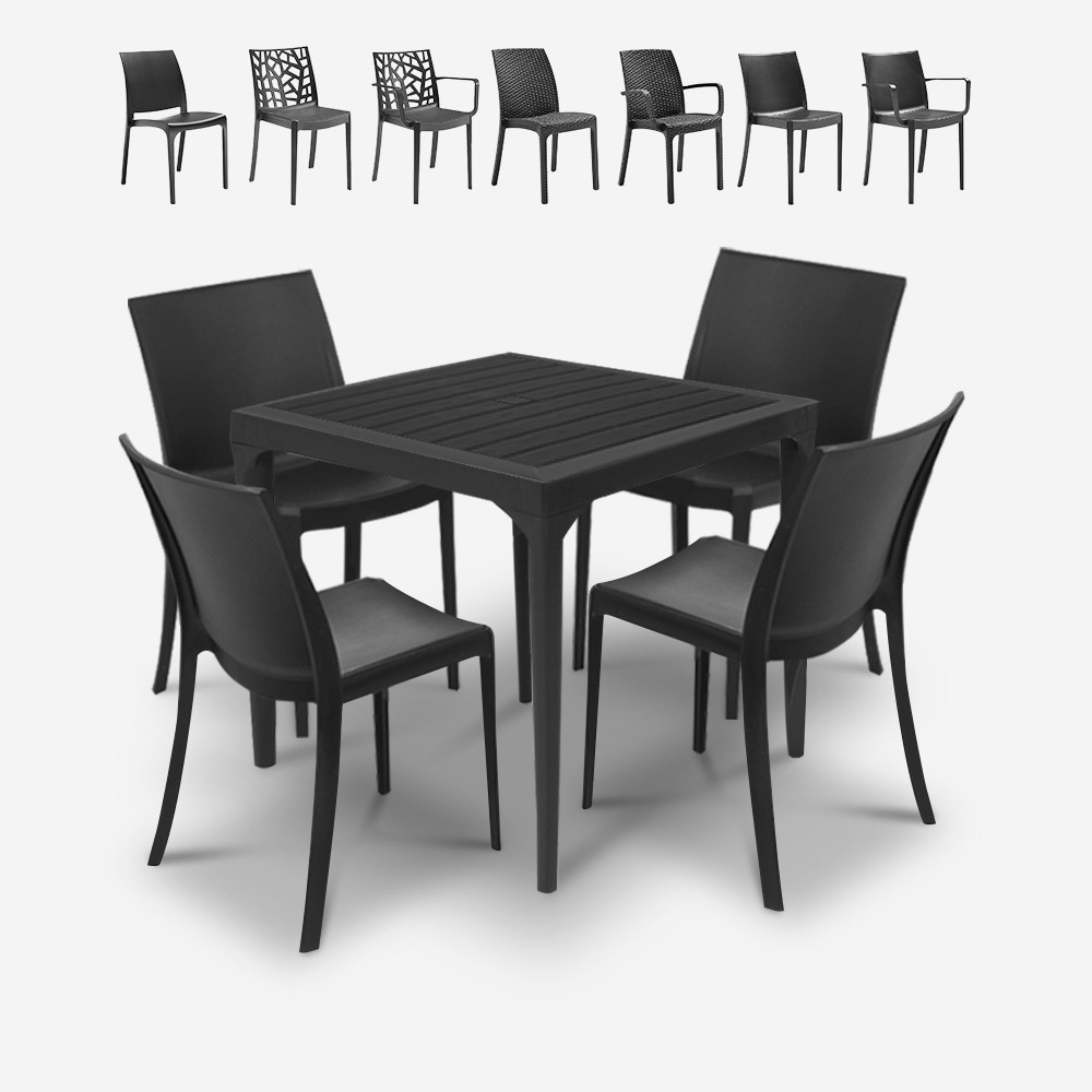Set jardín 4 sillas mesa exterior cuadrada 80x80cm negro Provence Dark