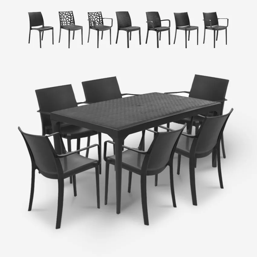 Conjunto de mesa de comedor para jardín de 150x90 cm con 6 sillas de exterior color negro Sunrise Dark Promoción Conjunto de mesa de comedor para jardín de 150x90 cm con 6 sillas de exterior color negro Sunrise Dark Promoción