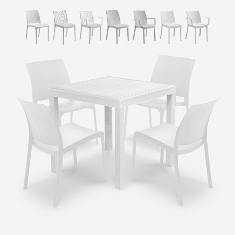 Set de 1 mesa de jardín para exterior 80x80 cm efecto ratán y 4 sillas color blanco Nisida Light Promoción