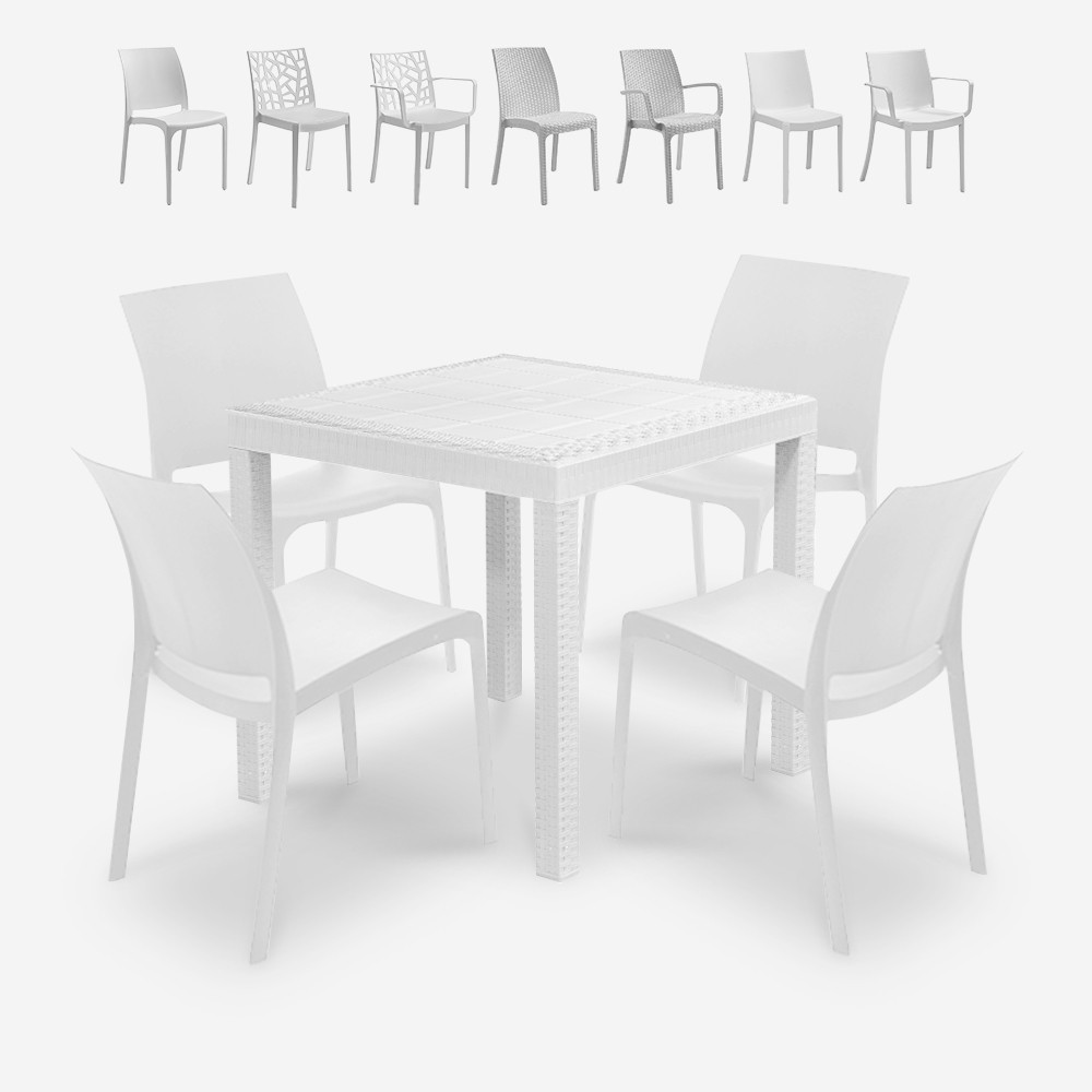 Set de 1 mesa de jardín para exterior 80x80 cm efecto ratán y 4 sillas color blanco Nisida Light
