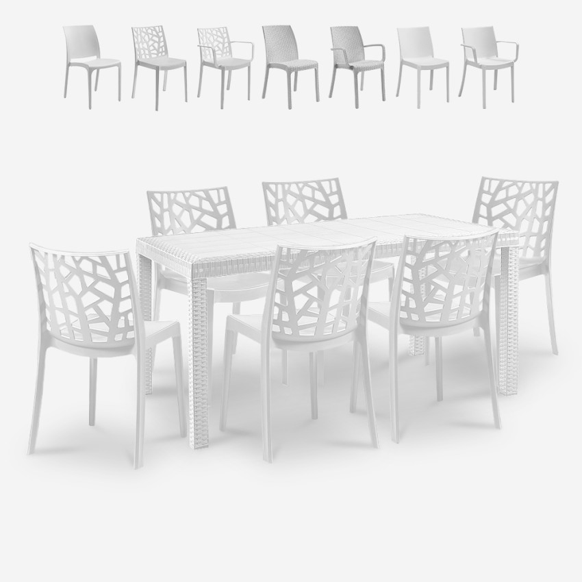 Juego de exterior de jardín compuesto por 1 mesa efecto ratán de 150x90 cm y 6 sillas color blanco Meloria Light Stock
