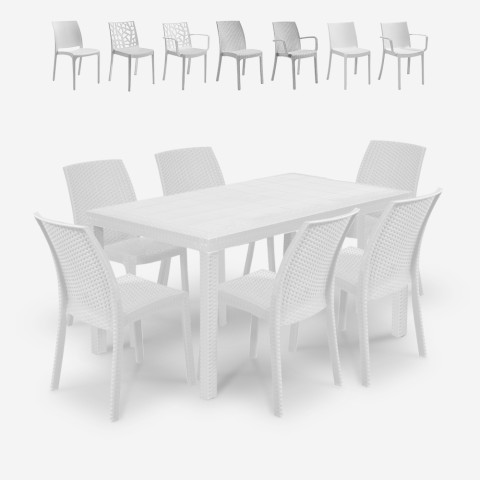 Conjunto mesa exterior jardín rattan 150x90cm 6 sillas blanco Meloria Light Promoción