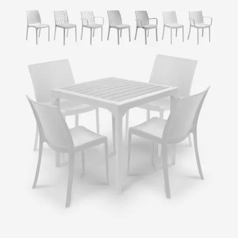 Set de jardín con 1 mesa de 80x80 cm y 4 sillas de exterior color blanco Provence Light Promoción