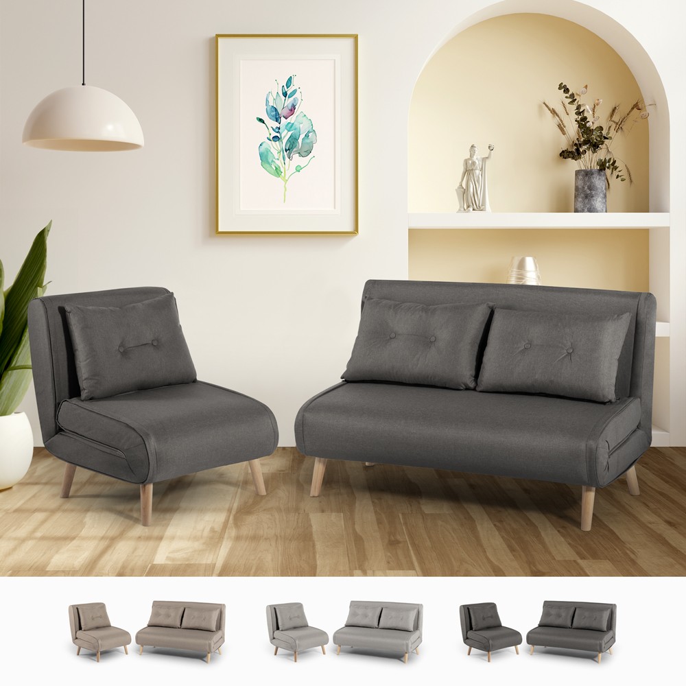 Conjunto de sofá cama de 2 plazas modelo escandinavo + sillón reclinable de tela Sienna