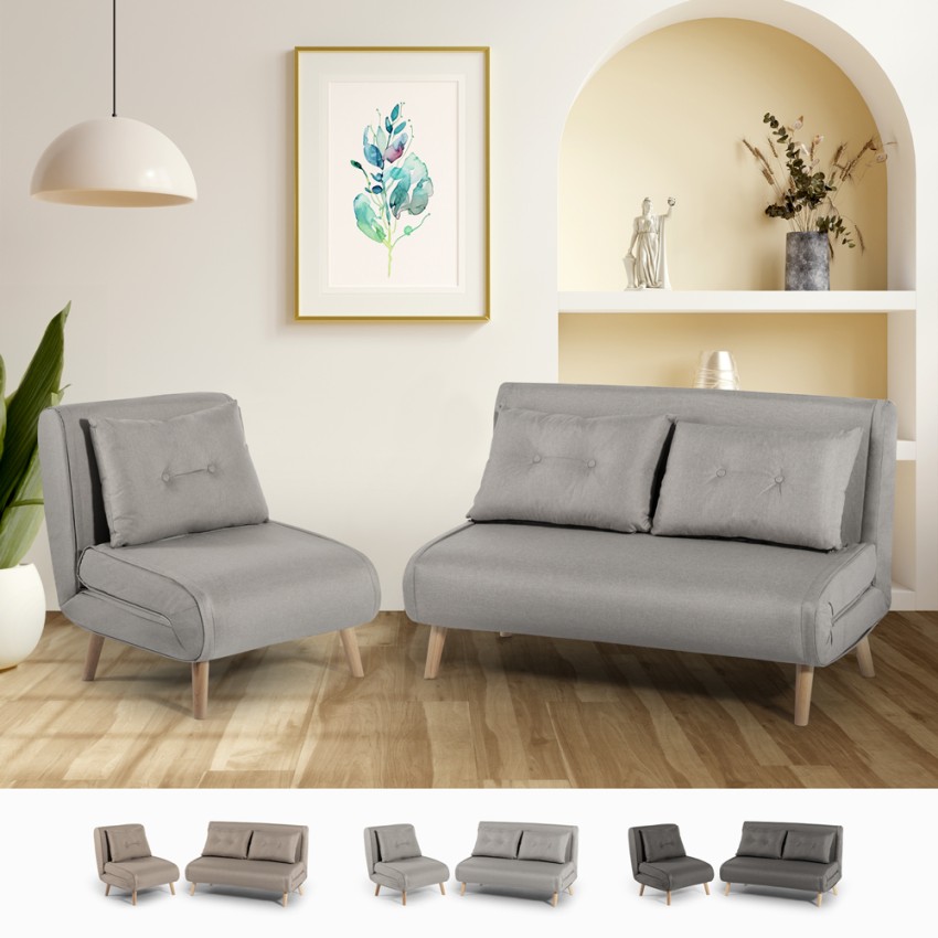 Conjunto de sofá cama de 2 plazas modelo escandinavo + sillón reclinable de tela Sienna Venta Conjunto de sofá cama de 2 plazas modelo escandinavo + sillón reclinable de tela Sienna Venta