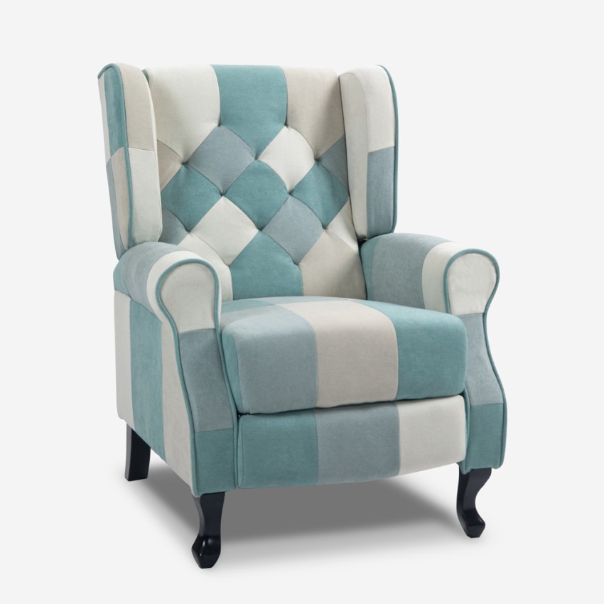 Sillón patchwork relax bergère reclinable con reposapiés azul Ethron Promoción