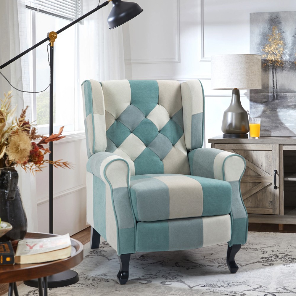 Sillón patchwork relax bergère reclinable con reposapiés azul Ethron