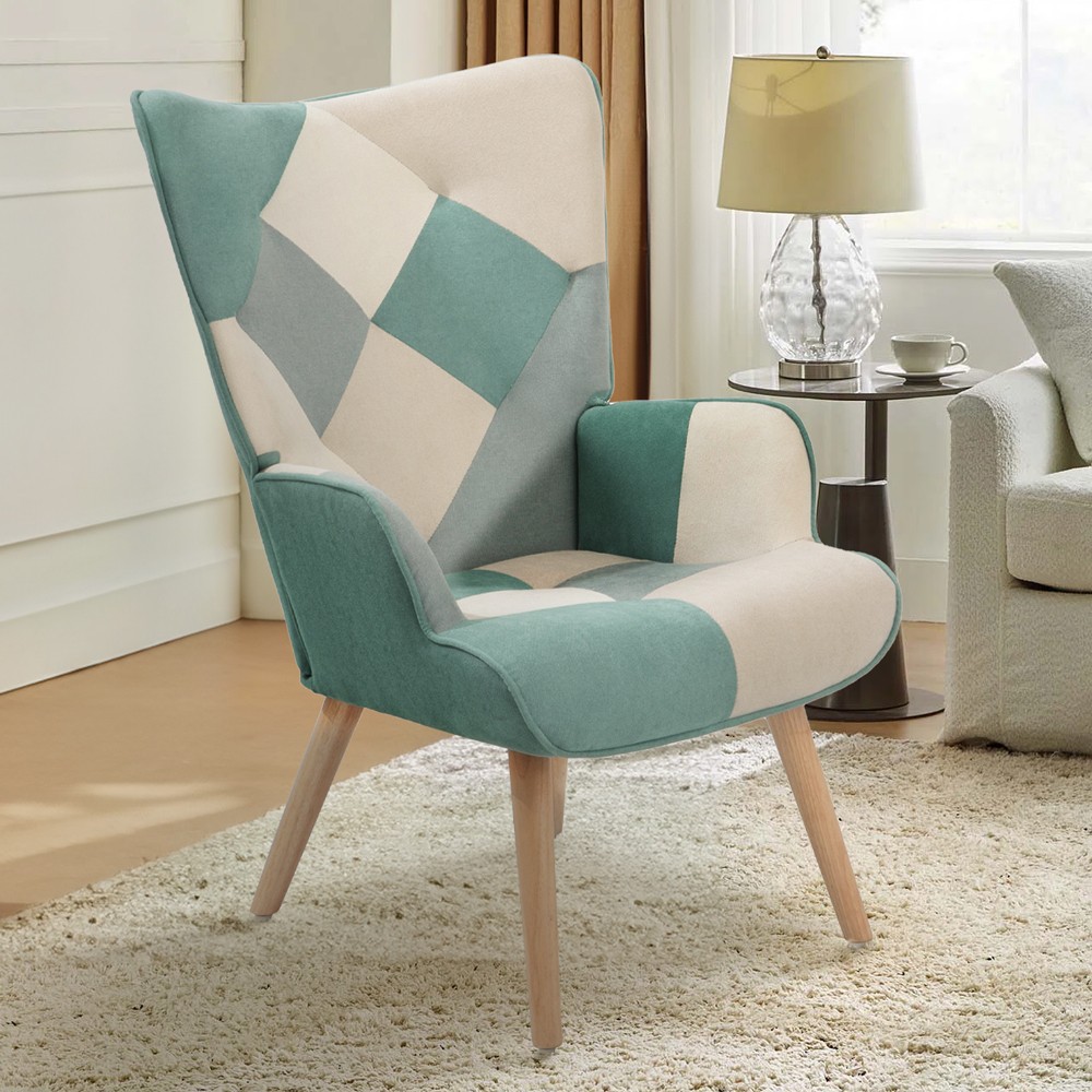 Sillón de salón estilo patchwork escandinavo de madera color blanco azul Chapty