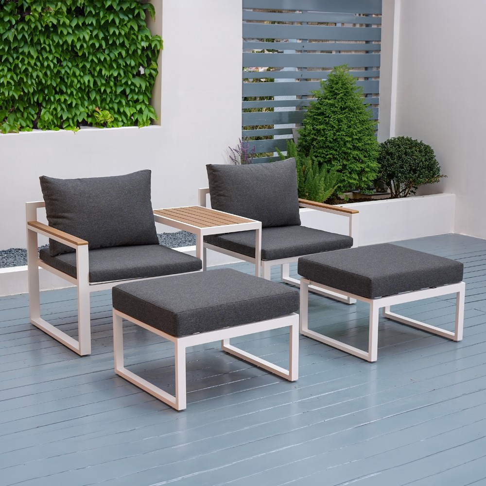Conjunto de jardín modular compuesto por 2 sillones con reposapiés y mesita Qamal