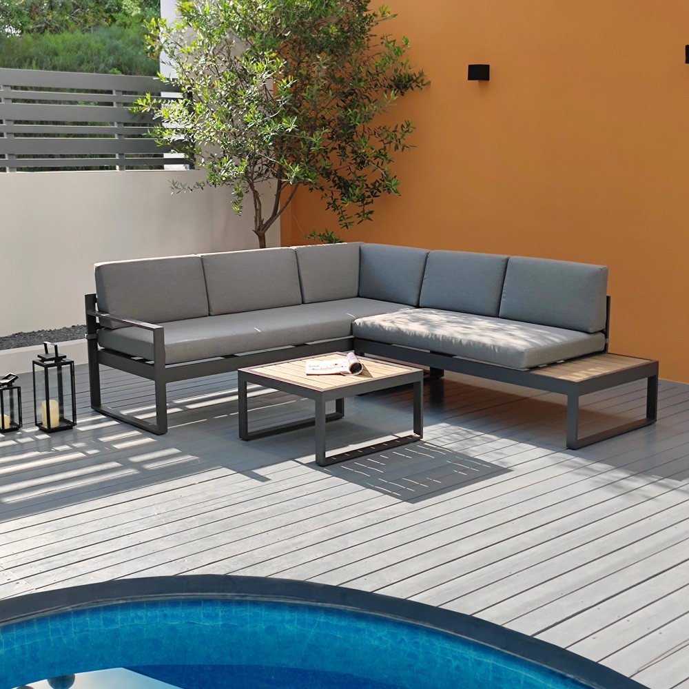 Conjunto de jardín con sofá esquinero 3 + 2 plazas y mesita Eysha