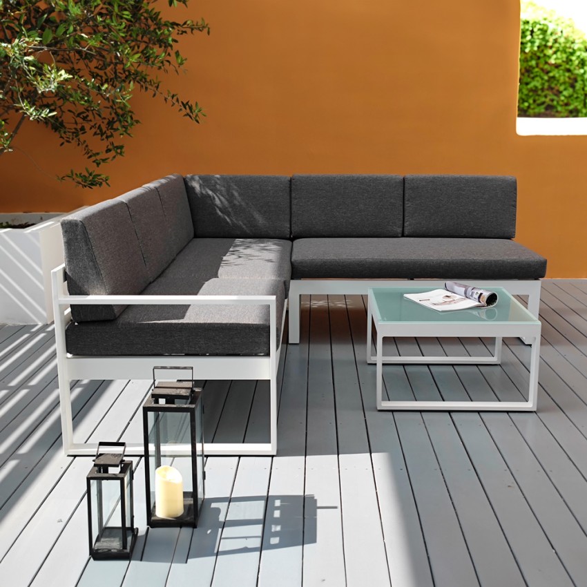 Conjunto de jardín esquiero de exterior con sofá + mesa de cristal Jamila Promoción