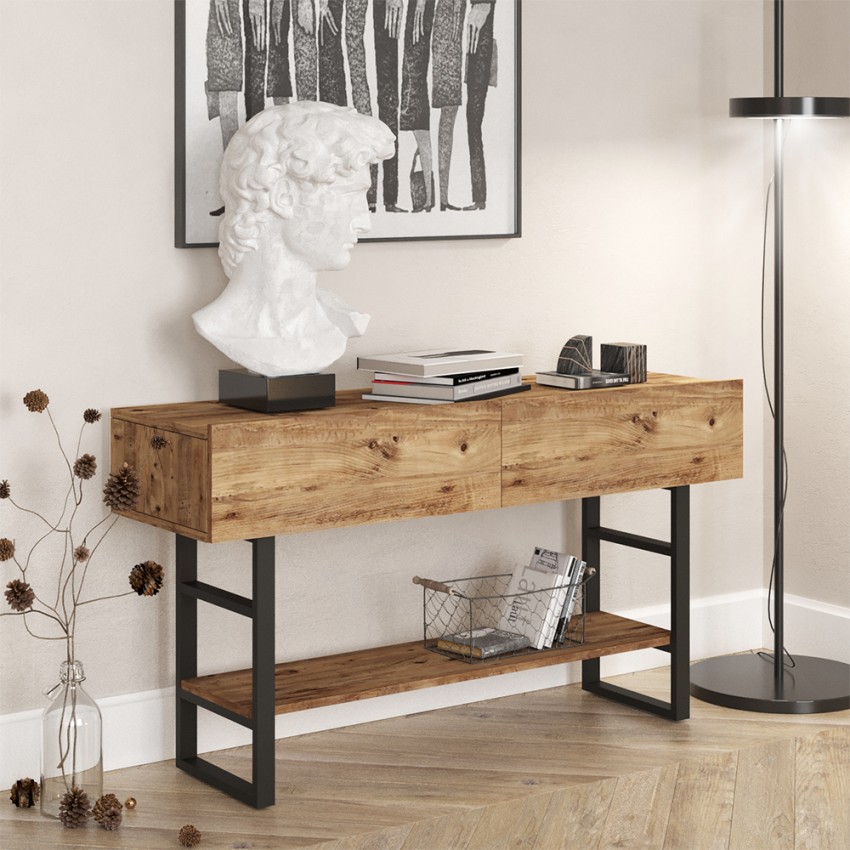 Consola de recibidor de madera y metal estilo industrial con 2 cajones Etage Promoción