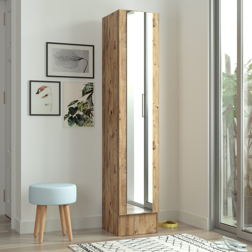 Armario zapatero de madera con puerta de espejo y 3 estantes 36x36x180 cm Torge
