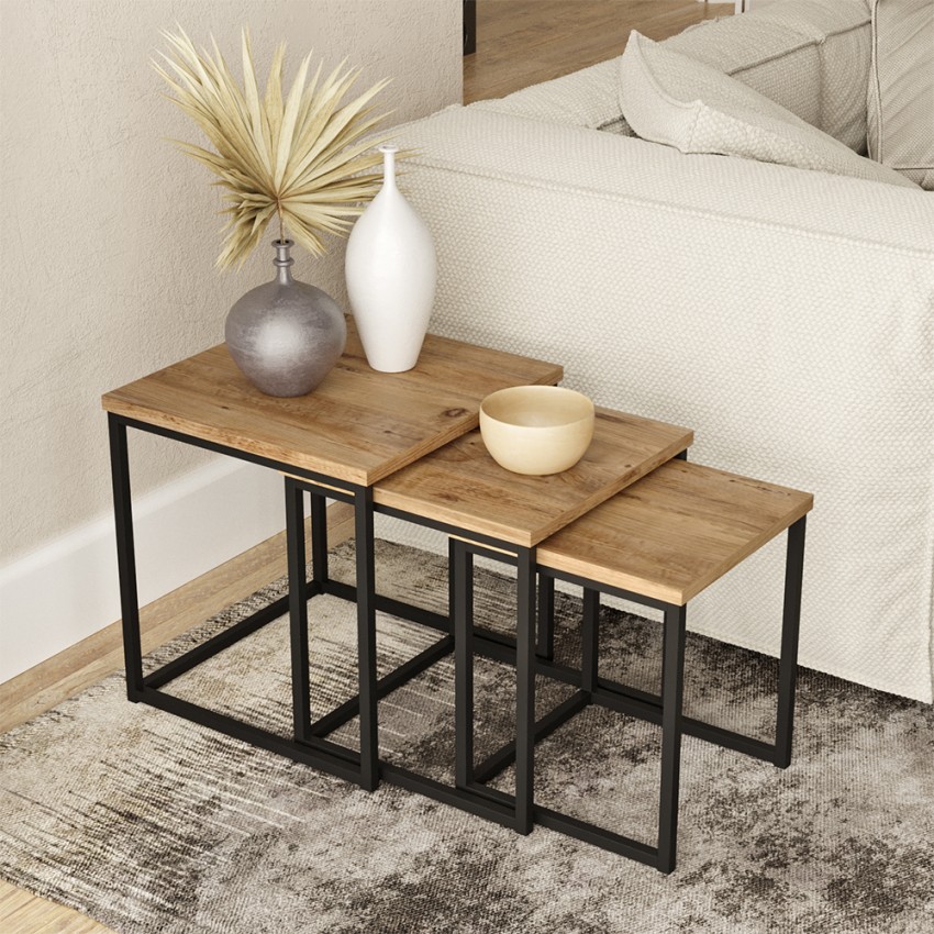 juego de 3 mesitas de centro estilo industrial madera metal negro Leron Promoción 
