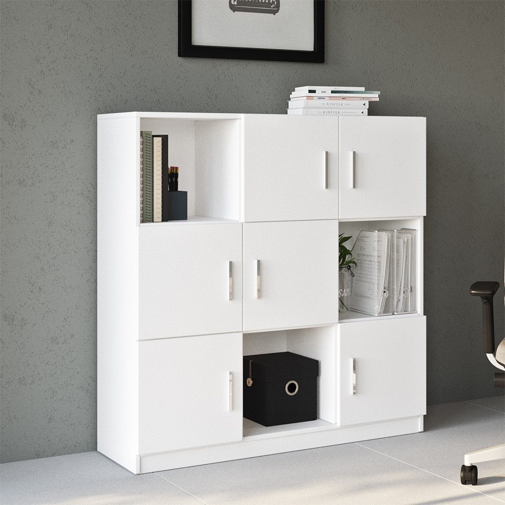 Mueble de almacenamiento multiuso para despacho con librería de 6 puertas color blanco 120x38x122 cm Kaspar