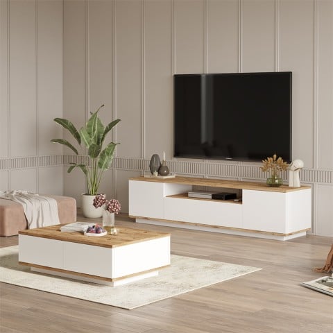 Configurar TV móvil 3 ante + mesa baja de diseño de madera blanca moderno Premio Promoción