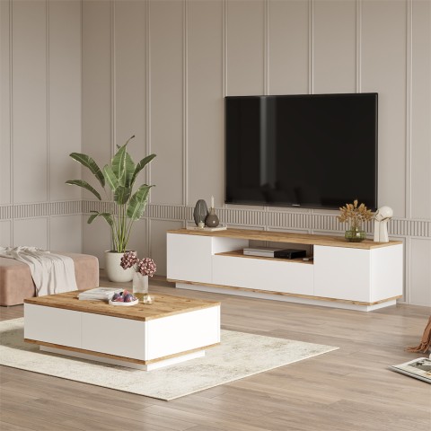 Juego de mueble TV con 3 estantes y mesa centro de madera color blanco 3, diseño moderno Award Promoción
