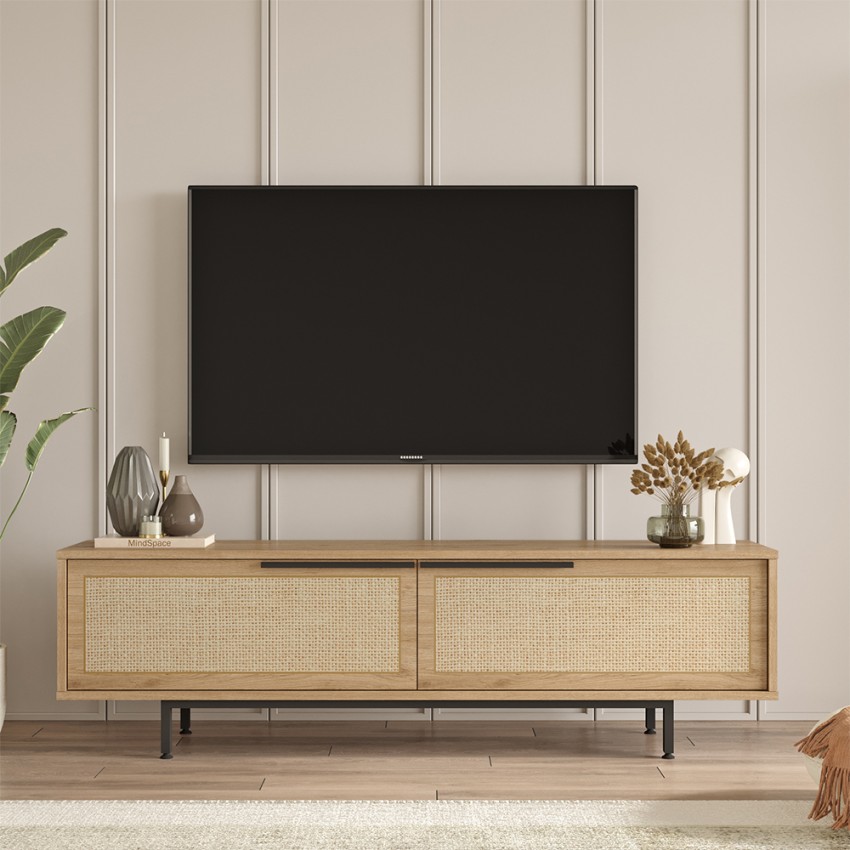  TV móvil de apoyo 160x36cm en madera 2 puertas efecto ratán Bayeaux Promoción