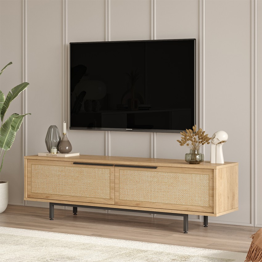 Mueble TV de 160x36 cm de madera con 2 puertas efecto ratán Bayeaux Promoción Mueble TV de 160x36 cm de madera con 2 puertas efecto ratán Bayeaux Promoción