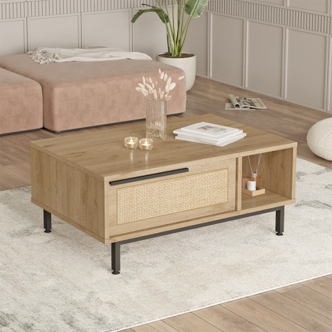 Mesa de centro 90x60cm de madera con puerta almacenamiento efecto ratán Micheau Promoción