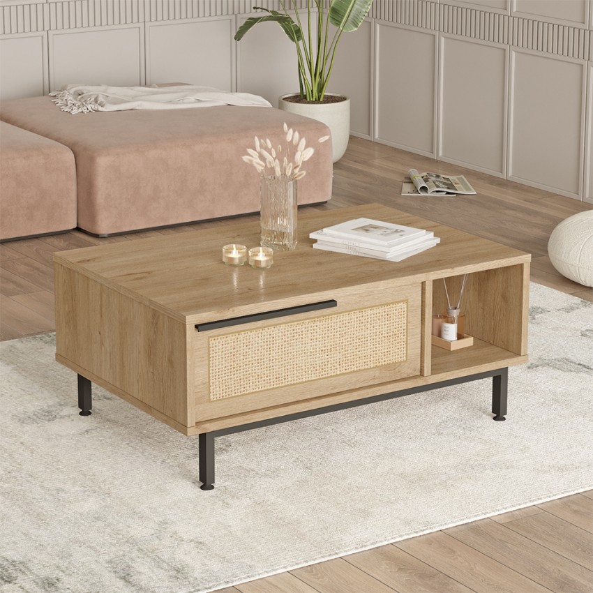  Mesa de centro 90x60cm de madera con puerta de almacenamiento efecto ratán Micheau Promoción
